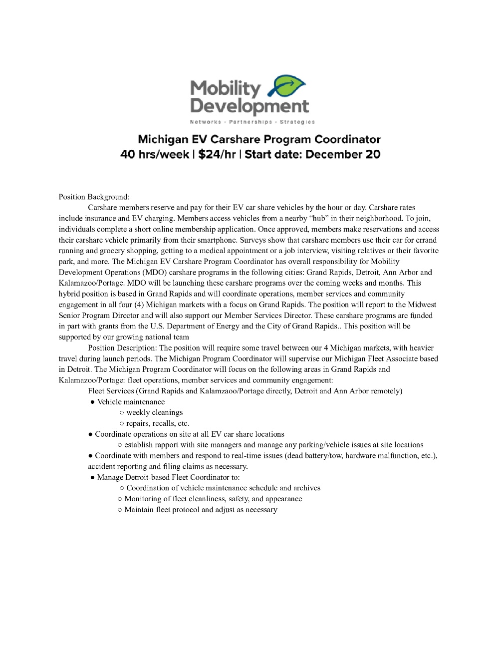 Michigan EV Carshare Program Coordinator 40 hrs/week | $24/hr | Start date: December 2023